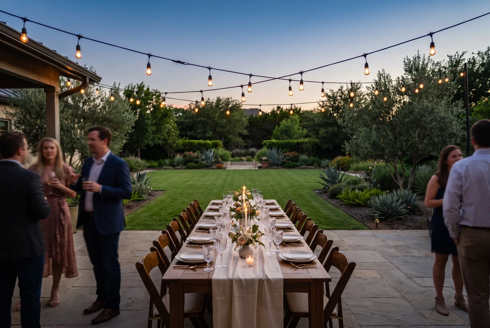 A treated backyard set for an evening event